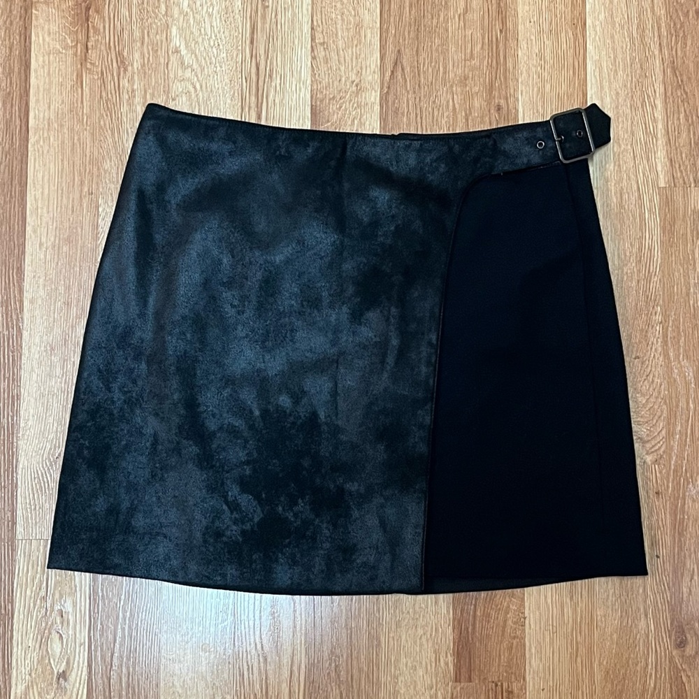 Armani Exchange Black Faux Suede/Knit Wrap Mini Skirt w/ Buckle Detail